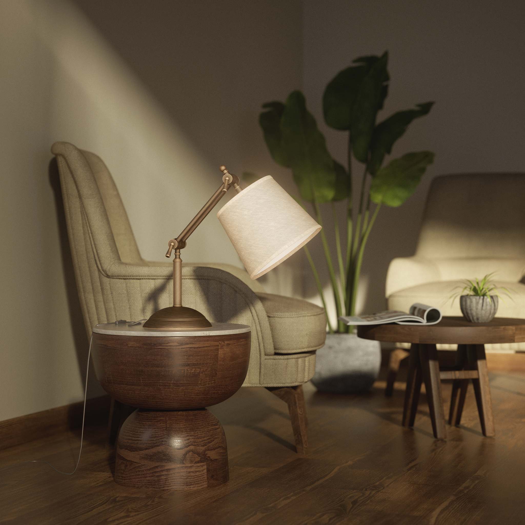 Brass table lamp with linen-effect fabric shade adjustable jointed structure decorated base Made in Italy by Ghidini 1849 - Finish: OBM Bronze Satin Matt Brass