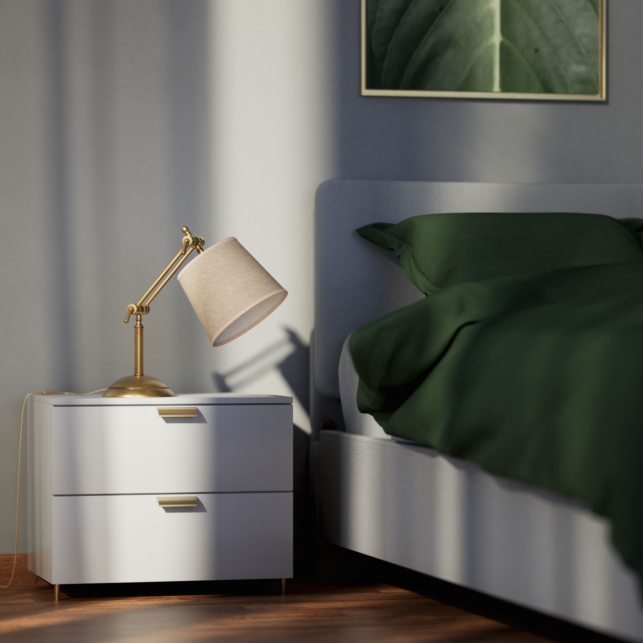 Brass table lamp with linen-effect fabric shade adjustable jointed structure decorated base Made in Italy by Ghidini 1849 - Finish: OBS Bronze Satin Brass