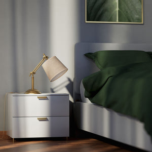 Brass table lamp with linen-effect fabric shade adjustable jointed structure decorated base Made in Italy by Ghidini 1849 - Finish: OBS Bronze Satin Brass