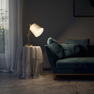 Brass table lamp with linen-effect fabric shade adjustable jointed structure decorated base Made in Italy by Ghidini 1849 - Finish: OBS Bronze Satin Brass