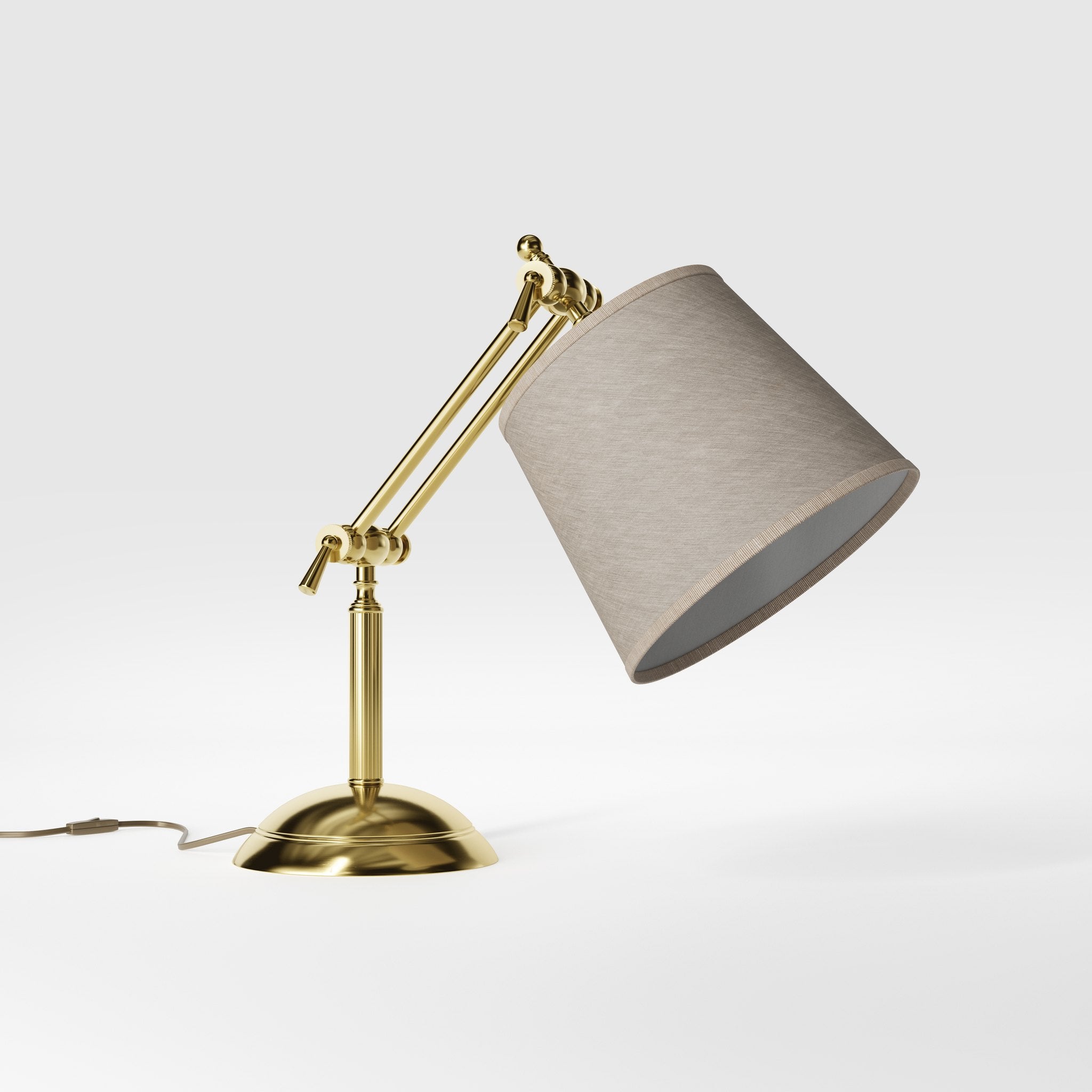 Brass table lamp with linen-effect fabric shade adjustable jointed structure decorated base Made in Italy by Ghidini 1849 - Finish: OLV Polished Brass