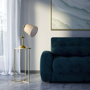 Brass table lamp with linen-effect fabric shade adjustable jointed structure decorated base Made in Italy by Ghidini 1849 - Finish: OLV Polished Brass