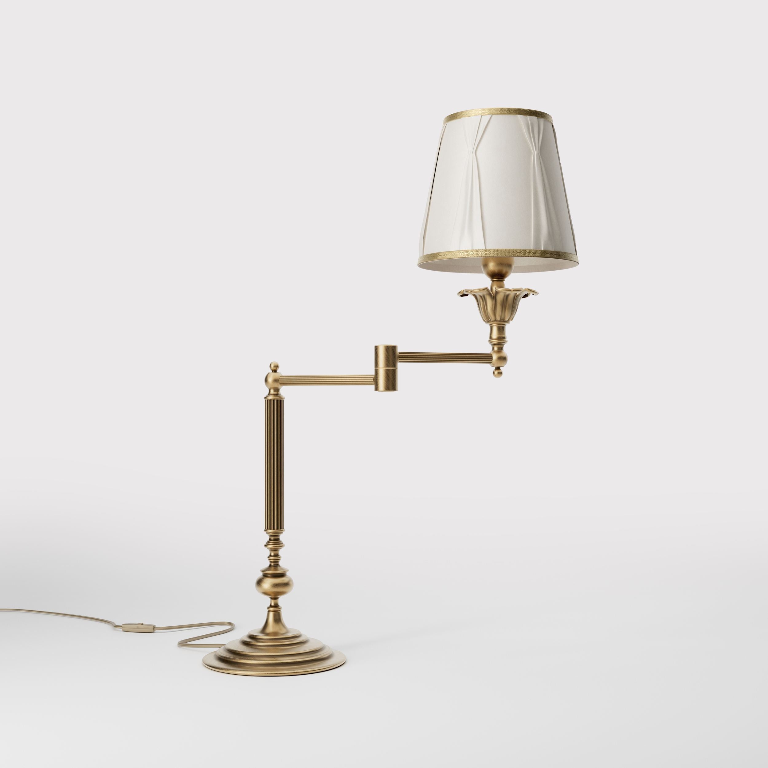 Classic brass table lamp with adjustable arm and ivory fabric shade, gold decorative trim, turned base London - Finish: OBS Bronze Satin Brass