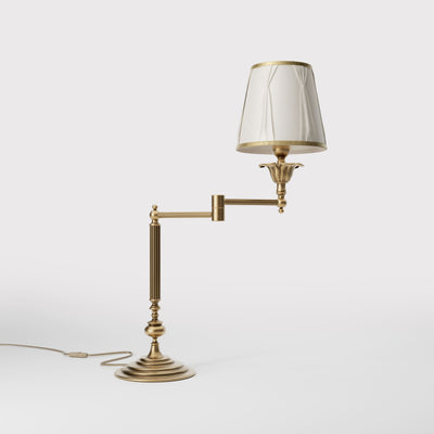 Classic brass table lamp with adjustable arm and ivory fabric shade, gold decorative trim, turned base London - Finish: OBS Bronze Satin Brass