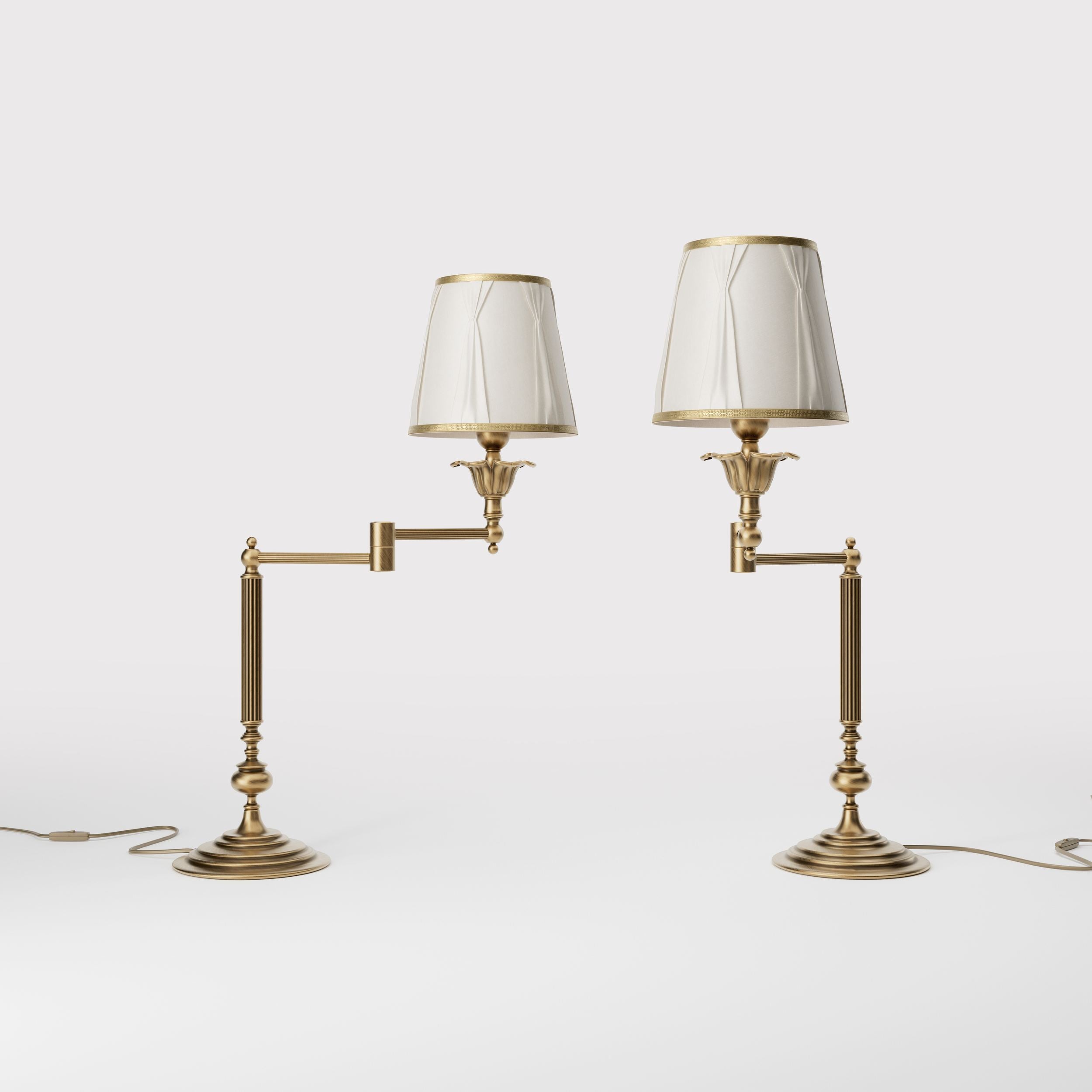 Classic brass table lamp with adjustable arm and ivory fabric shade, gold decorative trim, turned base London - Finish: OBS Bronze Satin Brass