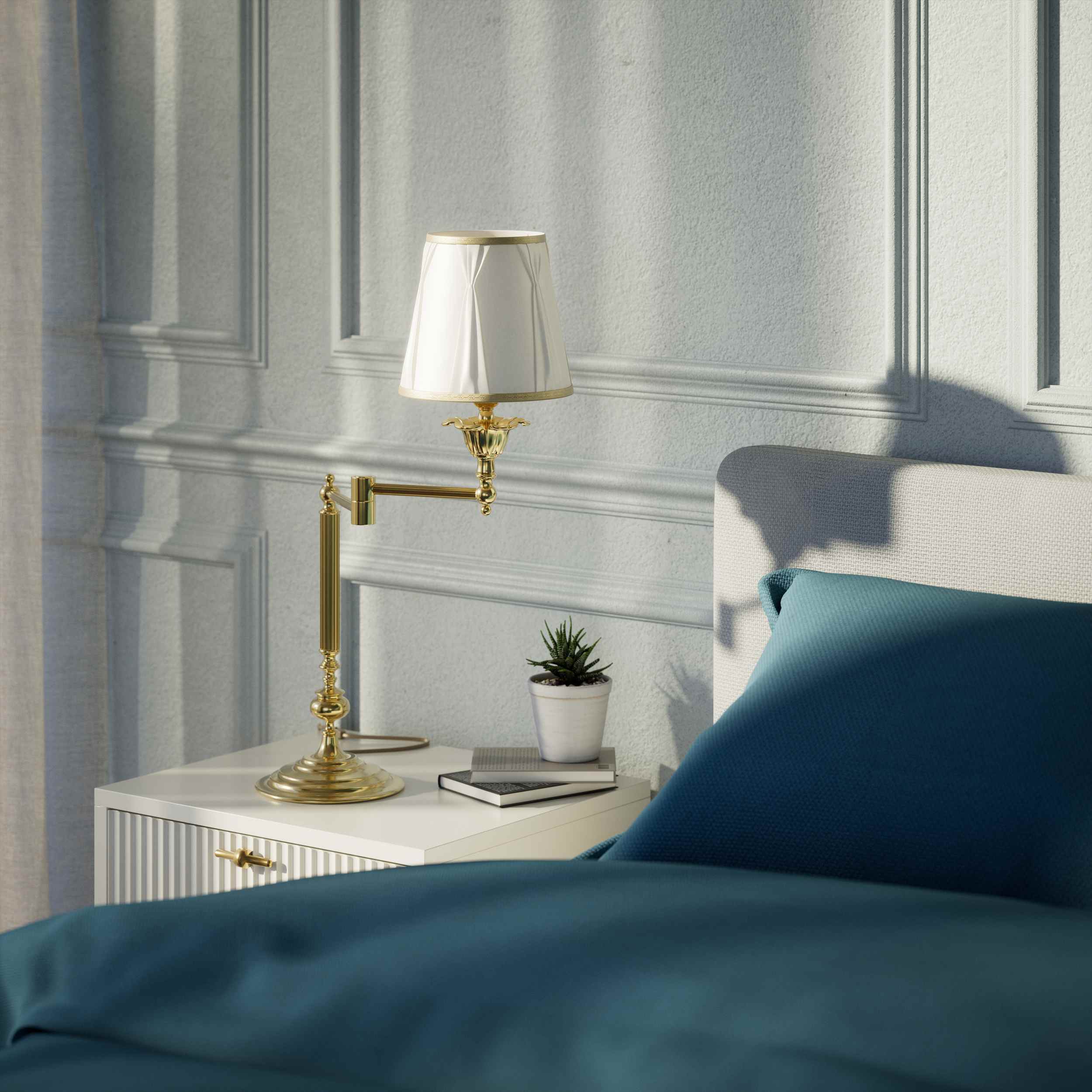 Classic brass table lamp with adjustable arm and ivory fabric shade, gold decorative trim, turned base London - Finish: OLV Polished Brass