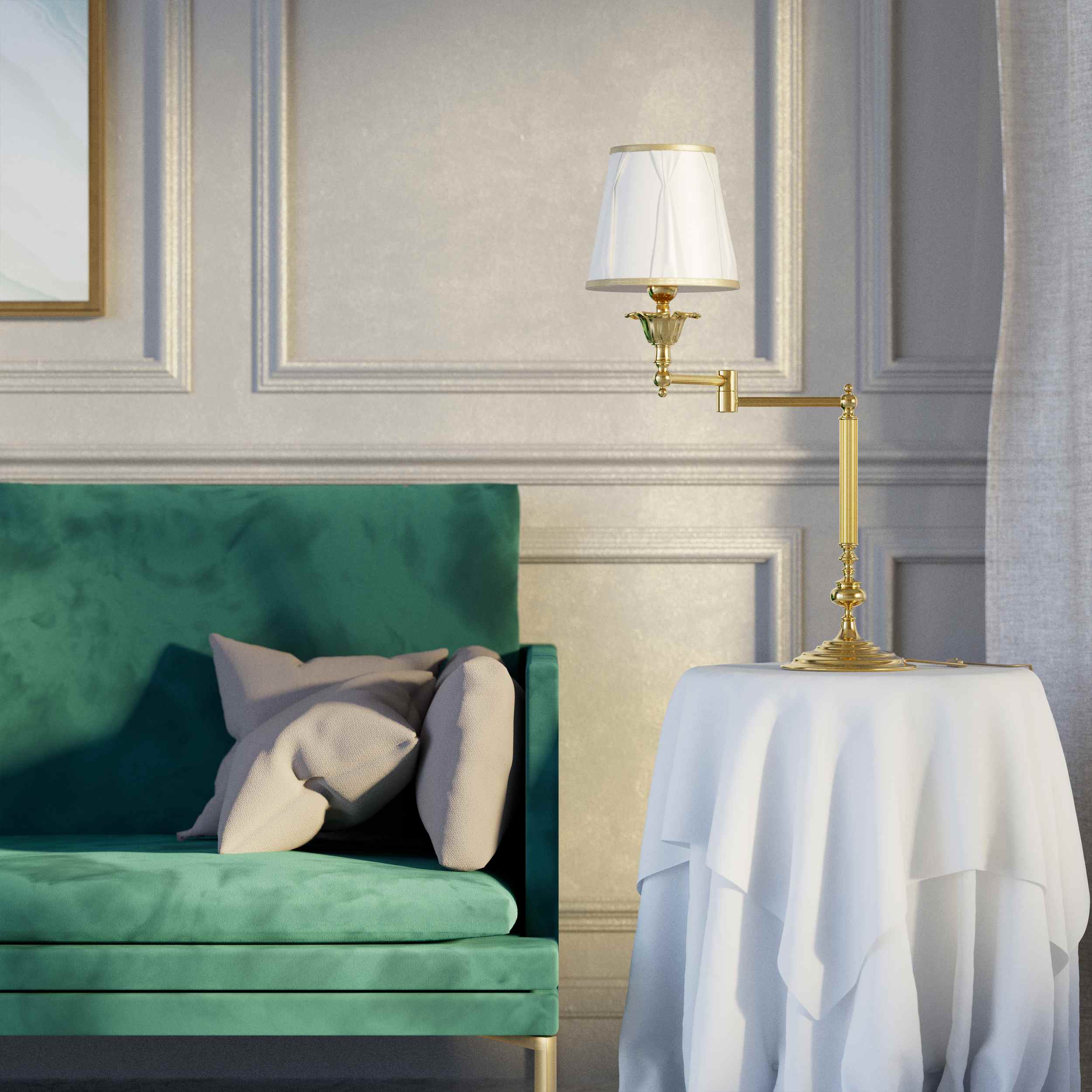 Classic brass table lamp with adjustable arm and ivory fabric shade, gold decorative trim, turned base London - Finish: OLV Polished Brass