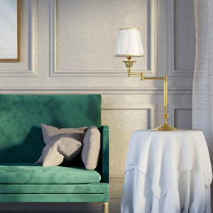 Classic brass table lamp with adjustable arm and ivory fabric shade, gold decorative trim, turned base London - Finish: OLV Polished Brass