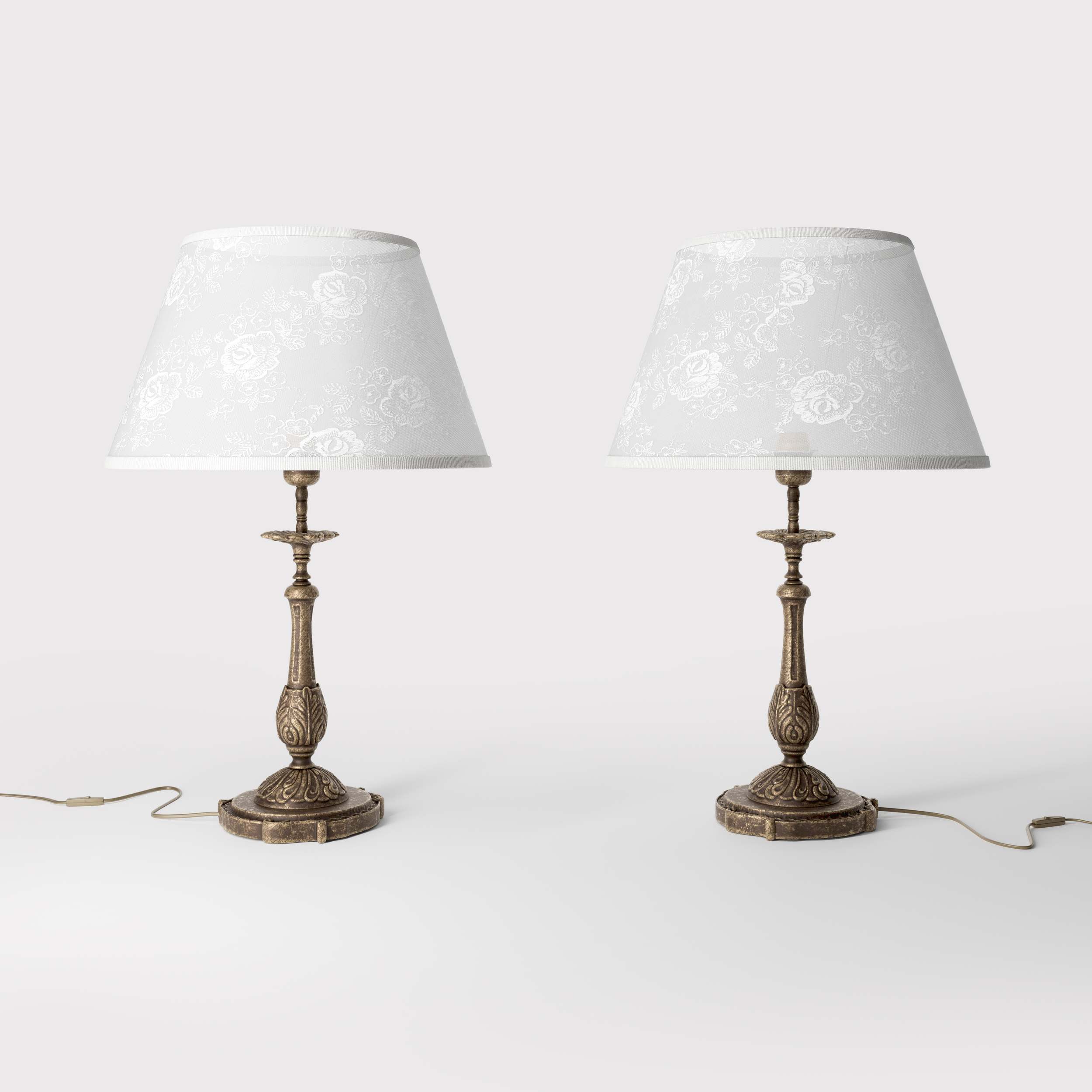 Baroque brass table lamp with decorated white shade ornamental base floral details classic style - Finish: OAS Antique Brass