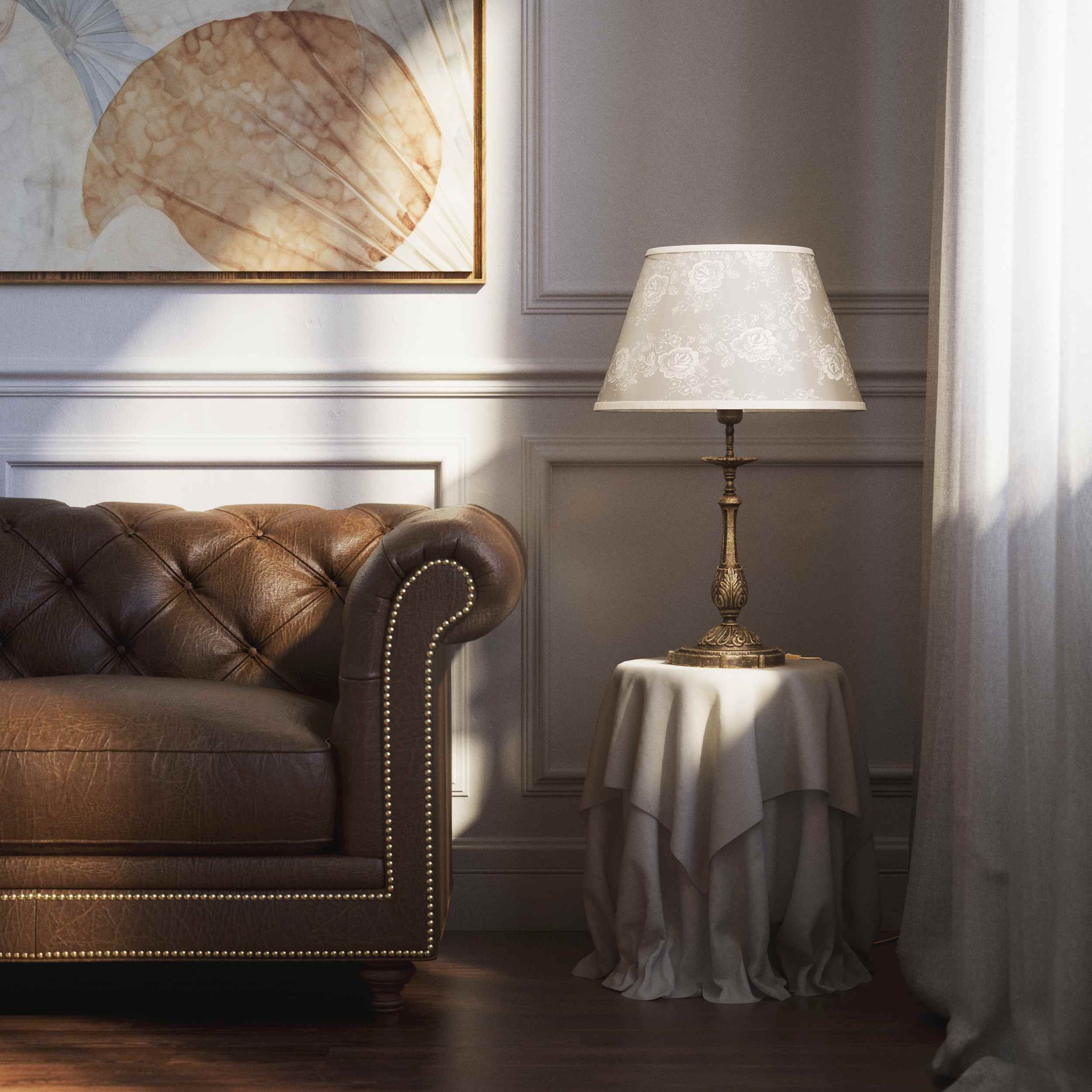 Baroque brass table lamp with decorated white shade ornamental base floral details classic style - Finish: OAS Antique Brass