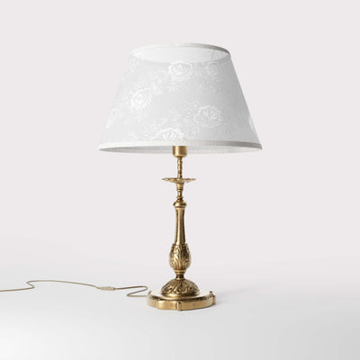 Baroque brass table lamp with decorated white shade ornamental base floral details classic style - Finish: OBS Bronze Satin Brass