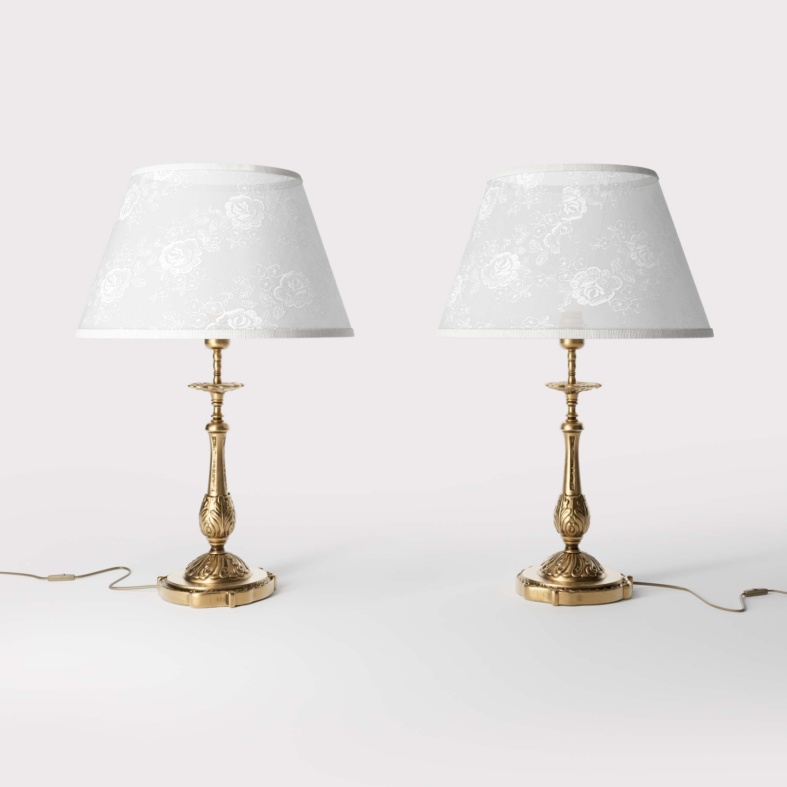 Baroque brass table lamp with decorated white shade ornamental base floral details classic style - Finish: OBS Bronze Satin Brass