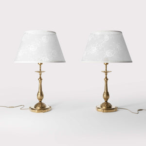 Baroque brass table lamp with decorated white shade ornamental base floral details classic style - Finish: OBS Bronze Satin Brass