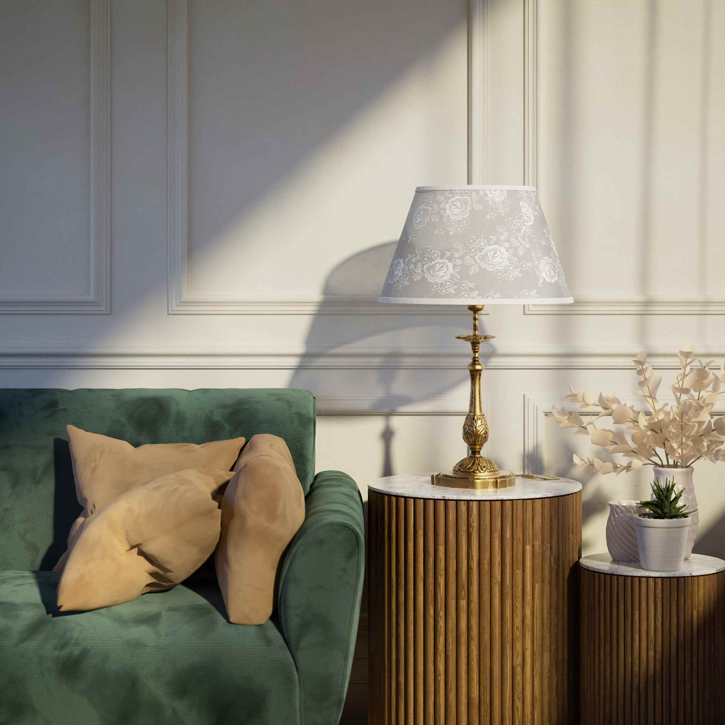 Baroque brass table lamp with decorated white shade ornamental base floral details classic style - Finish: OBS Bronze Satin Brass