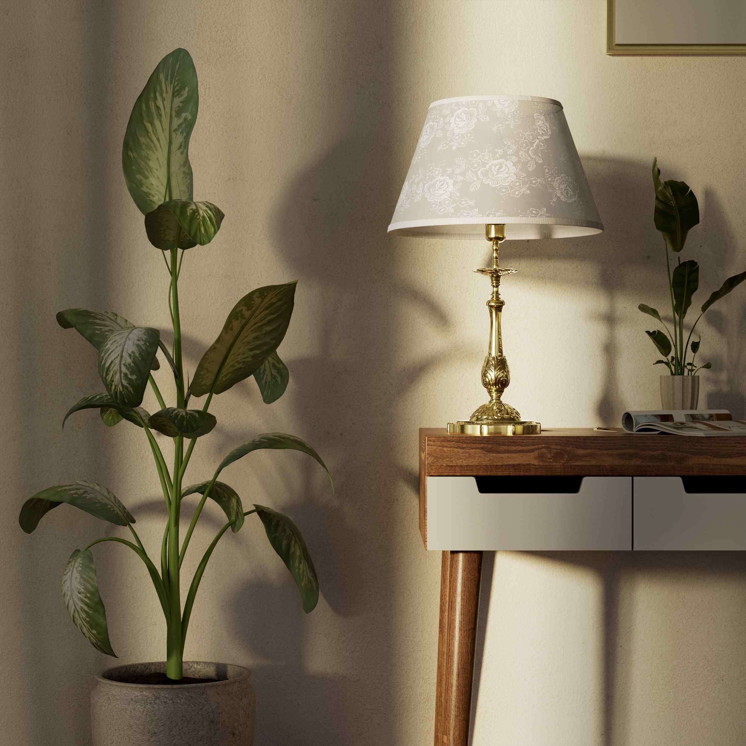 Baroque brass table lamp with decorated white shade ornamental base floral details classic style - Finish: OLV Polished Brass