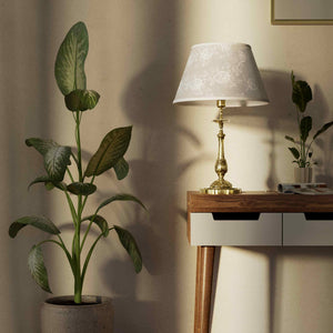 Baroque brass table lamp with decorated white shade ornamental base floral details classic style - Finish: OLV Polished Brass