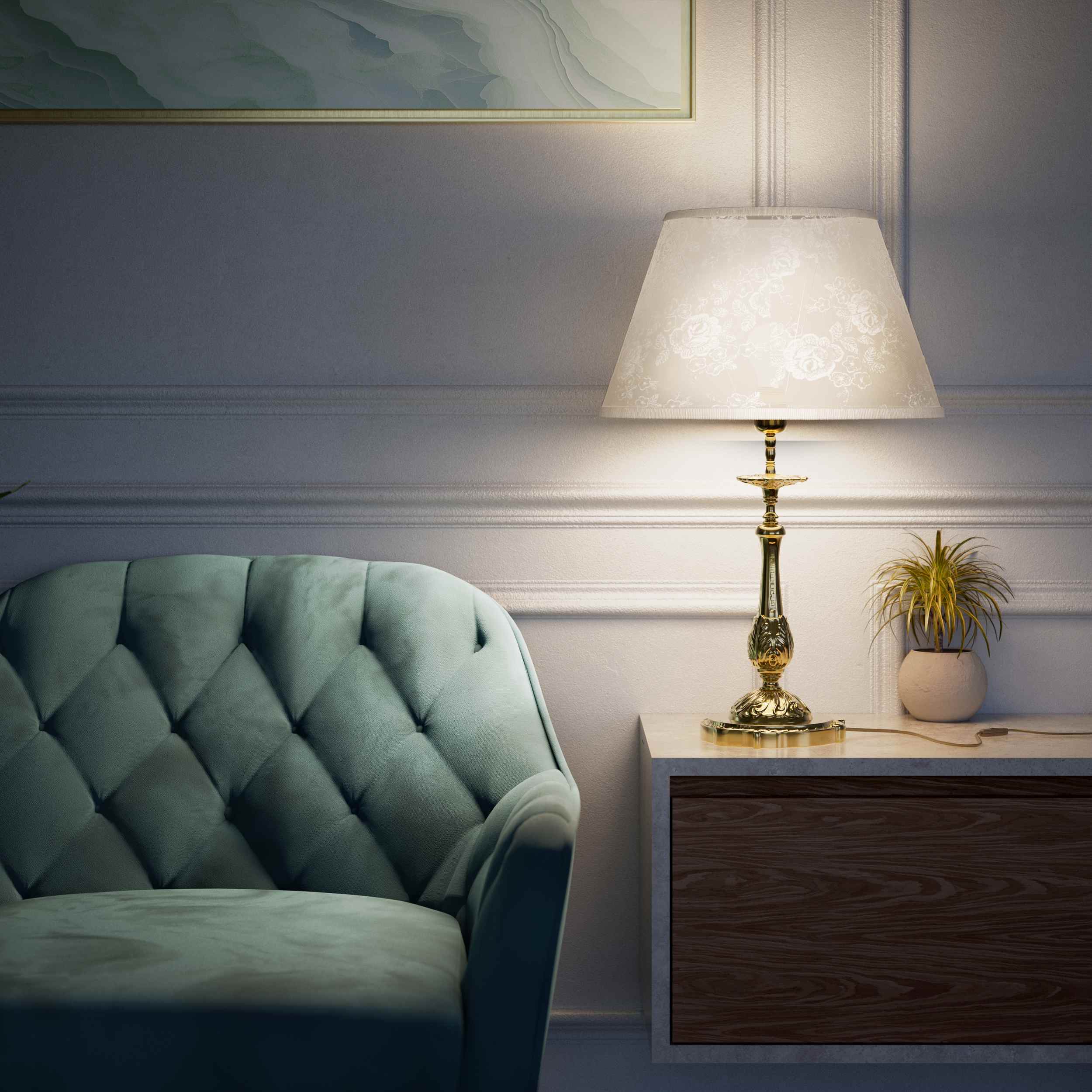 Baroque brass table lamp with decorated white shade ornamental base floral details classic style - Finish: OLV Polished Brass