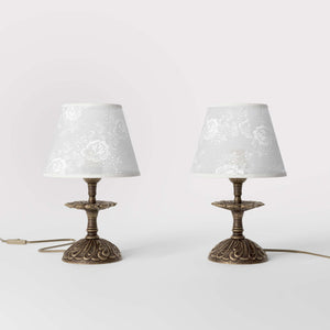 Classic brass table lamp with embroidered white shade decorated base floral motifs traditional style - Finish: OAS Antique Brass