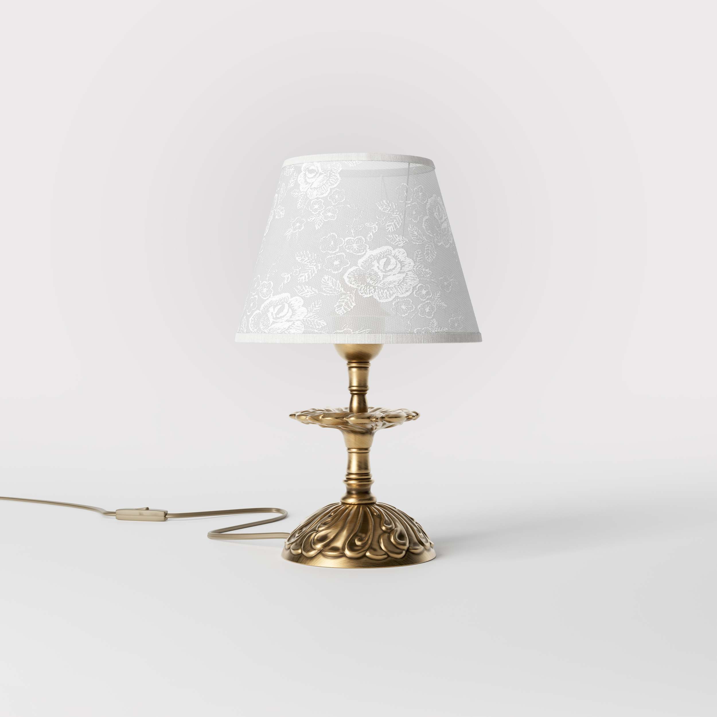 Classic brass table lamp with embroidered white shade decorated base floral motifs traditional style - Finish: OBS Bronze Satin Brass