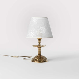 Classic brass table lamp with embroidered white shade decorated base floral motifs traditional style - Finish: OBS Bronze Satin Brass