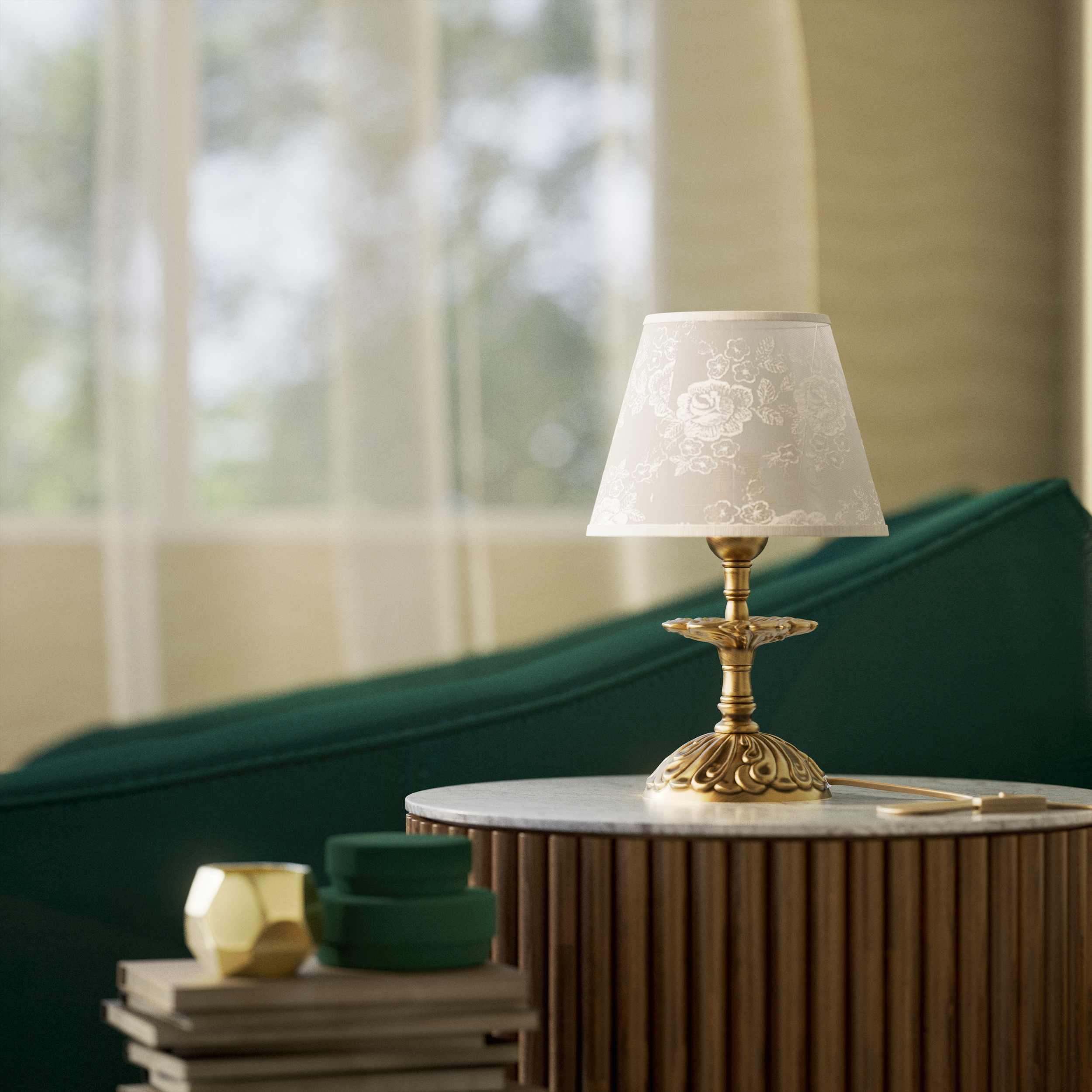 Classic brass table lamp with embroidered white shade decorated base floral motifs traditional style - Finish: OBS Bronze Satin Brass