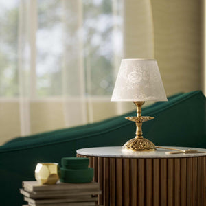 Classic brass table lamp with embroidered white shade decorated base floral motifs traditional style - Finish: OBS Bronze Satin Brass