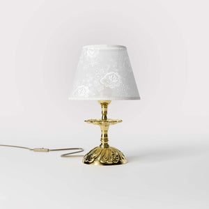 Classic brass table lamp with embroidered white shade decorated base floral motifs traditional style - Finish: OLV Polished Brass