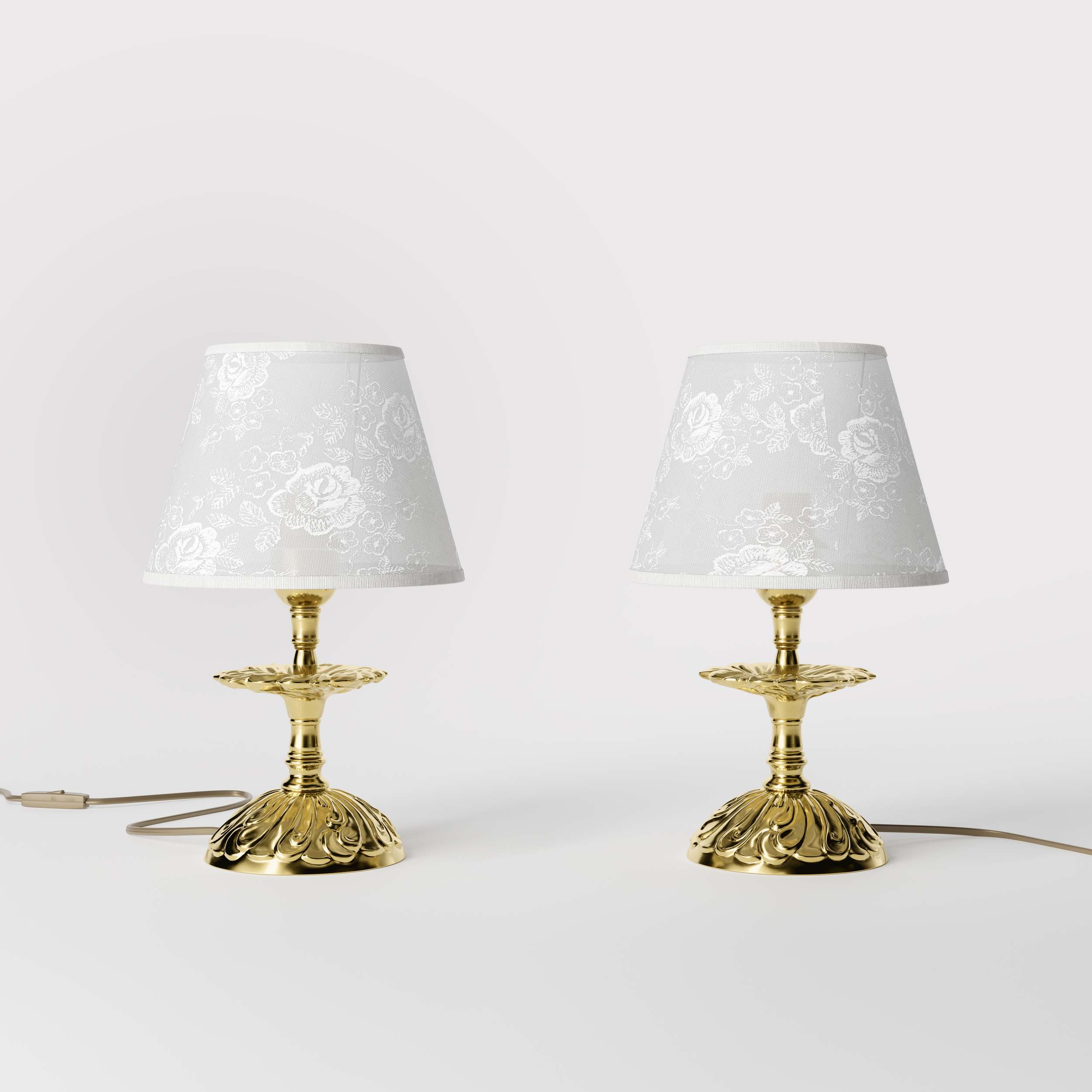 Classic brass table lamp with embroidered white shade decorated base floral motifs traditional style - Finish: OLV Polished Brass