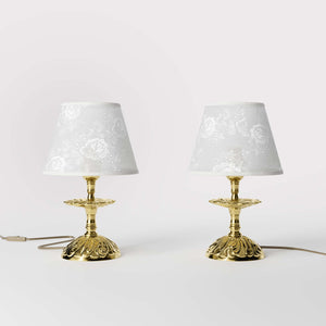 Classic brass table lamp with embroidered white shade decorated base floral motifs traditional style - Finish: OLV Polished Brass