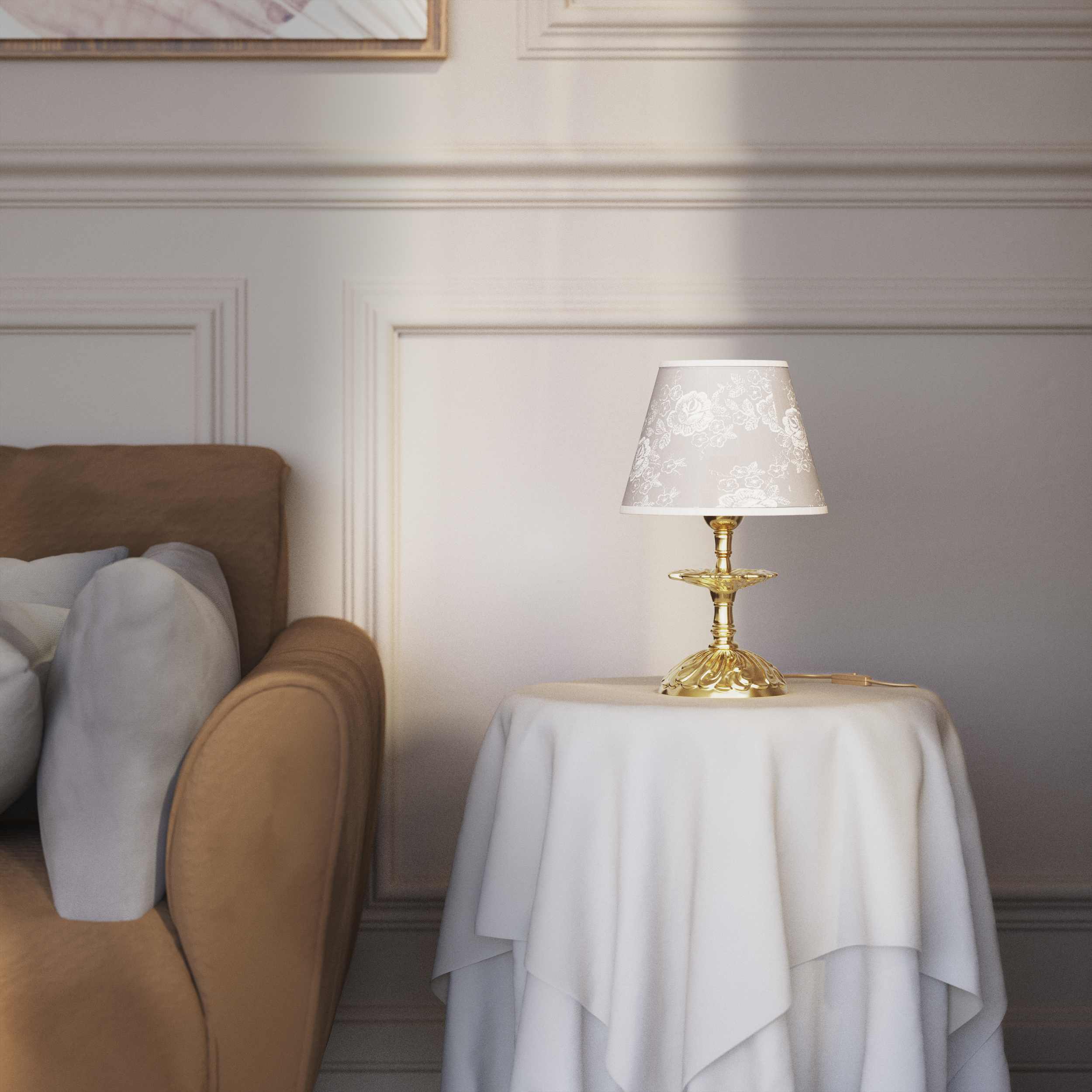 Classic brass table lamp with embroidered white shade decorated base floral motifs traditional style - Finish: OLV Polished Brass