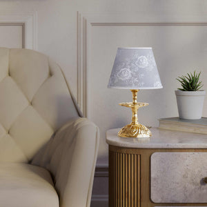 Classic brass table lamp with embroidered white shade decorated base floral motifs traditional style - Finish: OLV Polished Brass