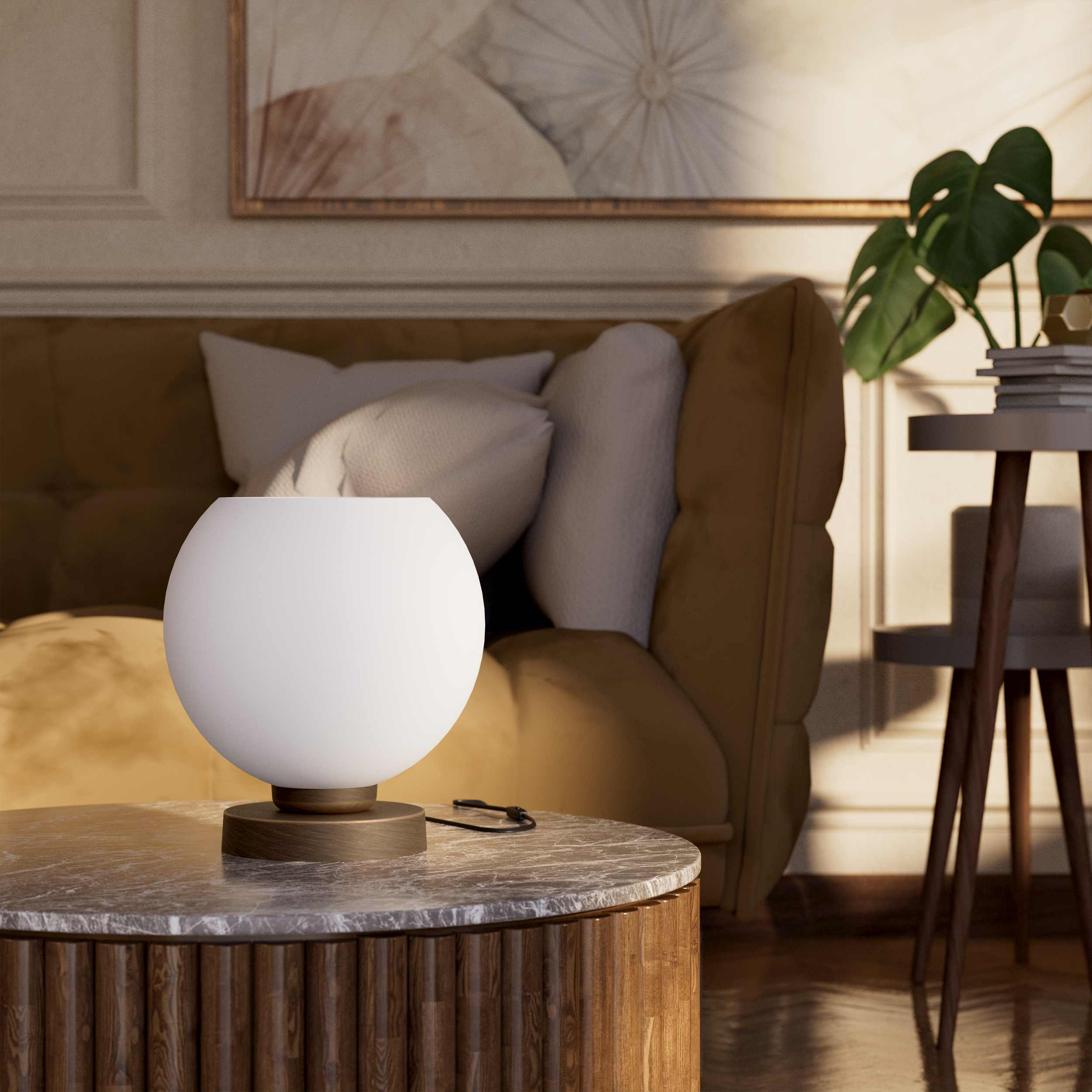 Brass table lamp with frosted glass globe, sophisticated lighting for interiors - Finish: OBM Bronze Satin Matt Brass