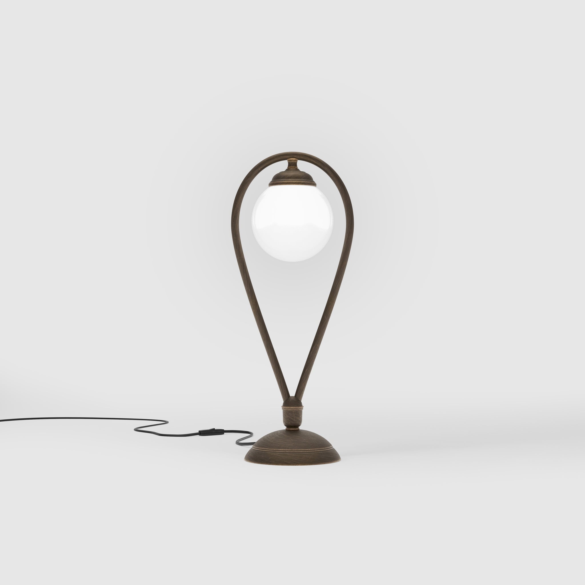 Art Deco table lamp in brass with glossy white glass sphere teardrop structure round base elegant design lighting decor by Ghidini 1849 - Finish: OBM Bronze Satin Matt Brass