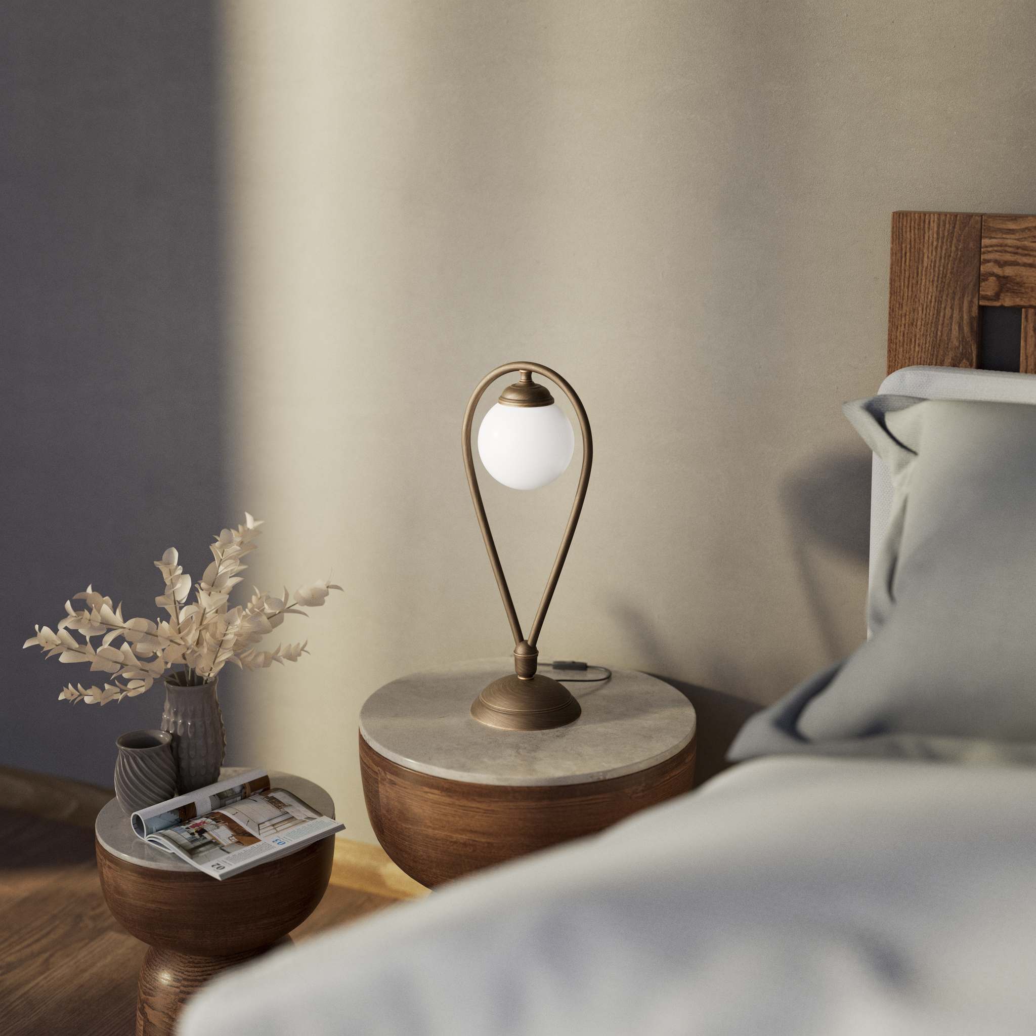 Art Deco table lamp in brass with glossy white glass sphere teardrop structure round base elegant design lighting decor by Ghidini 1849 - Finish: OBM Bronze Satin Matt Brass