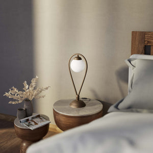 Art Deco table lamp in brass with glossy white glass sphere teardrop structure round base elegant design lighting decor by Ghidini 1849 - Finish: OBM Bronze Satin Matt Brass