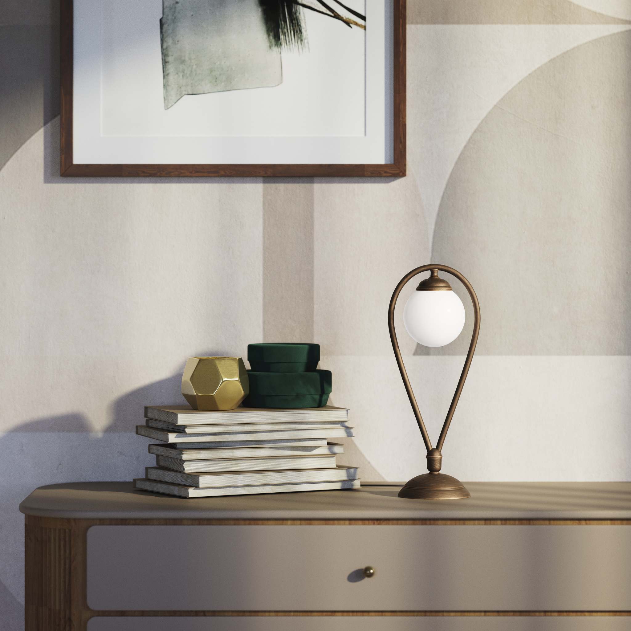 Art Deco table lamp in brass with glossy white glass sphere teardrop structure round base elegant design lighting decor by Ghidini 1849 - Finish: OBM Bronze Satin Matt Brass