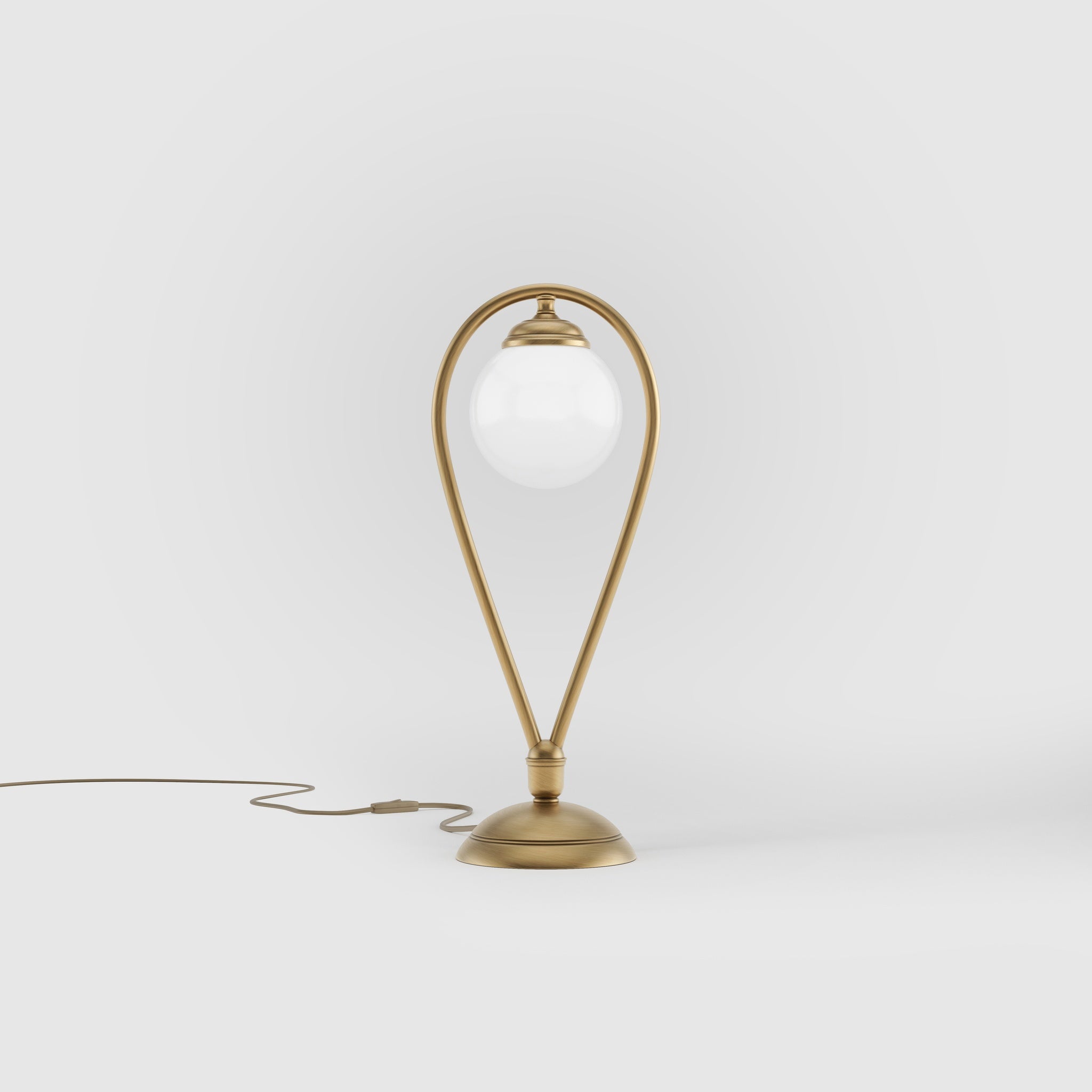 Art Deco table lamp in brass with glossy white glass sphere teardrop structure round base elegant design lighting decor by Ghidini 1849 - Finish: OBS Bronze Satin Brass