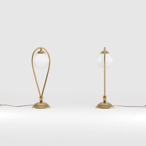 Art Deco table lamp in brass with glossy white glass sphere teardrop structure round base elegant design lighting decor by Ghidini 1849 - Finish: OBS Bronze Satin Brass