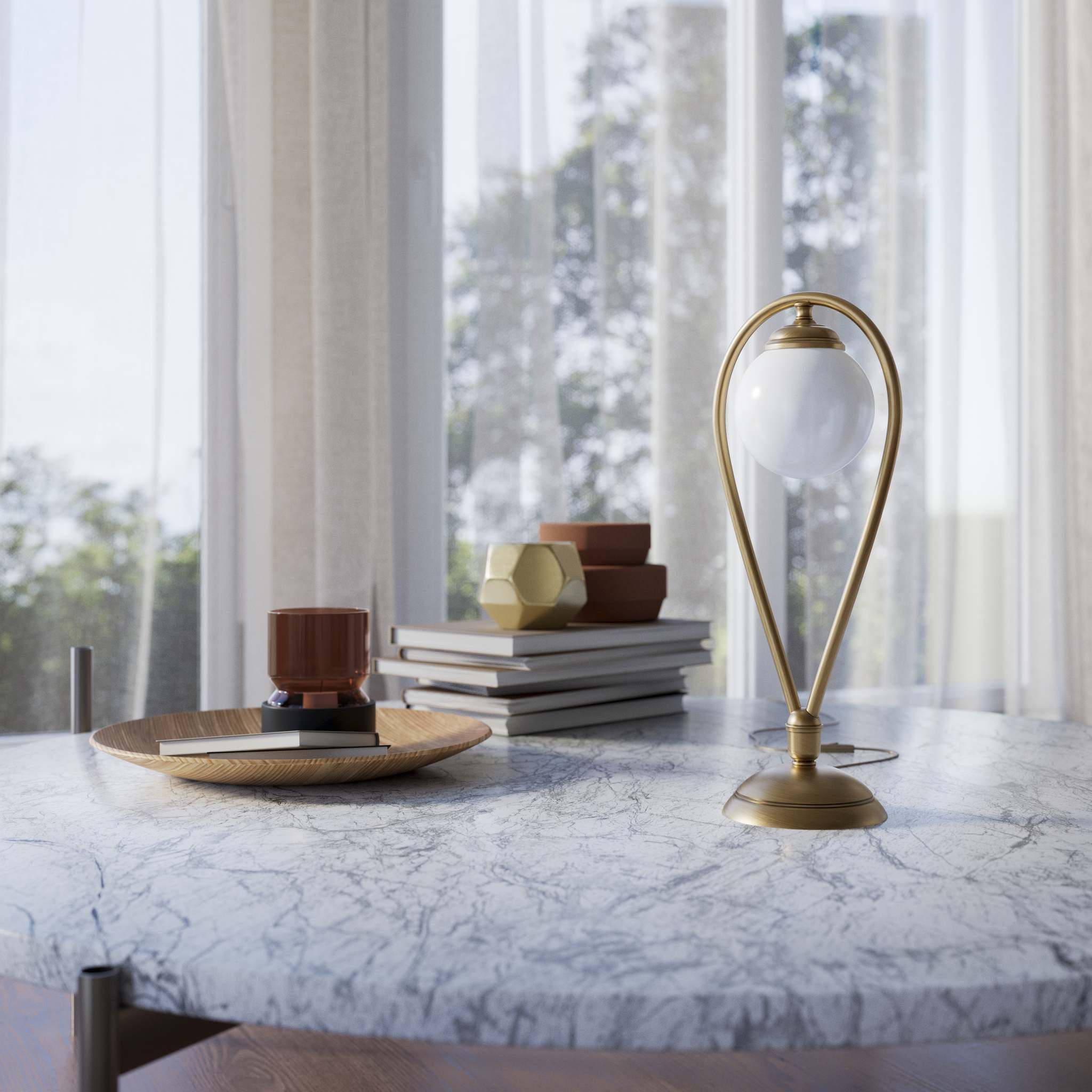 Art Deco table lamp in brass with glossy white glass sphere teardrop structure round base elegant design lighting decor by Ghidini 1849 - Finish: OBS Bronze Satin Brass