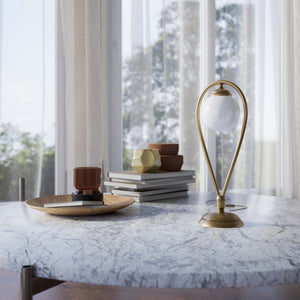 Art Deco table lamp in brass with glossy white glass sphere teardrop structure round base elegant design lighting decor by Ghidini 1849 - Finish: OBS Bronze Satin Brass