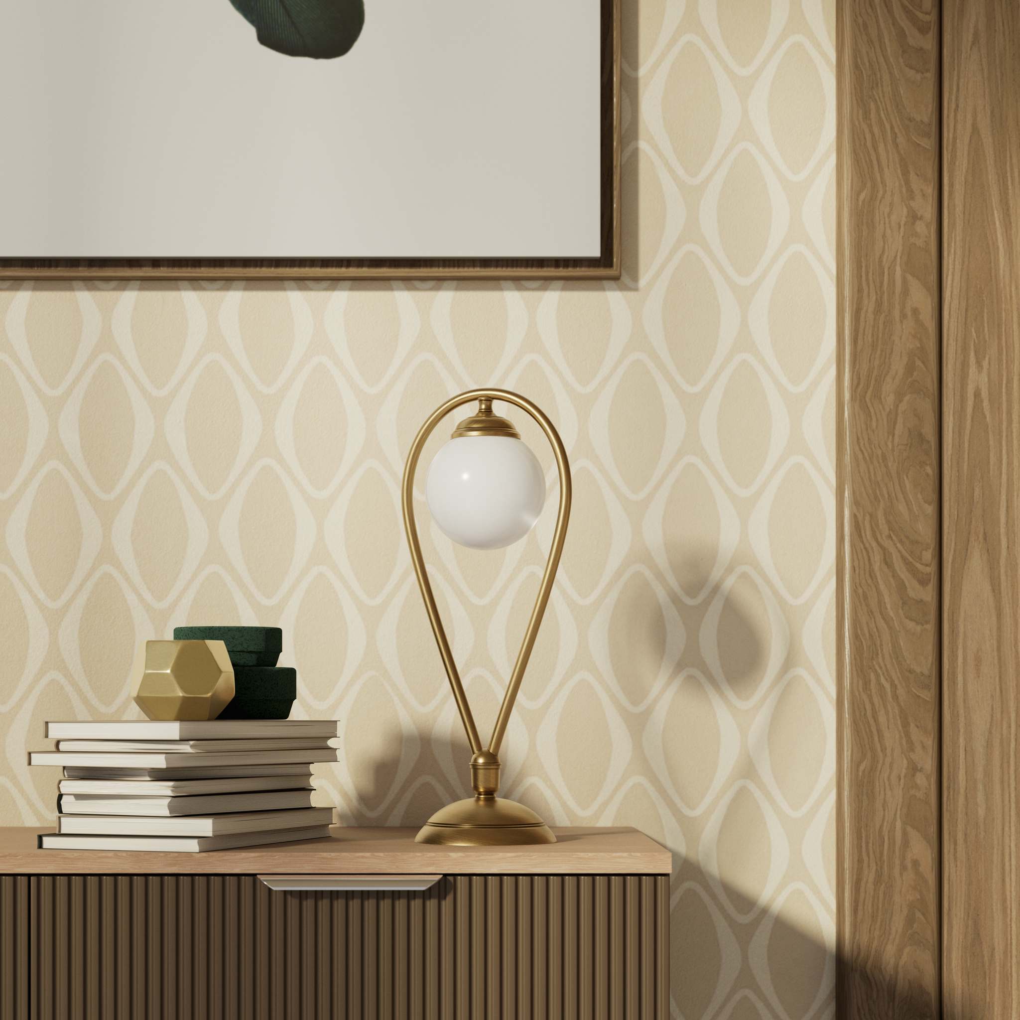 Art Deco table lamp in brass with glossy white glass sphere teardrop structure round base elegant design lighting decor by Ghidini 1849 - Finish: OBS Bronze Satin Brass