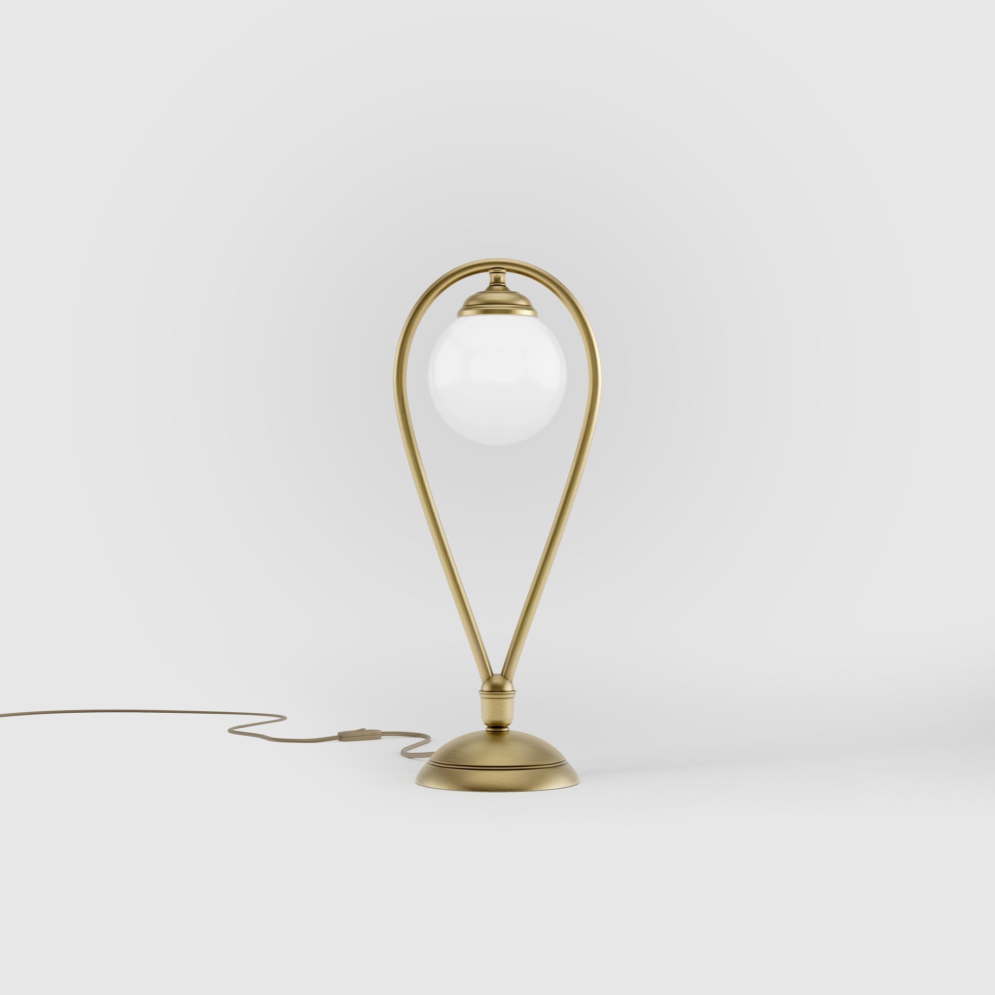 Art Deco table lamp in brass with glossy white glass sphere teardrop structure round base elegant design lighting decor by Ghidini 1849 - Finish: OBV Bronze Satin Light Brass