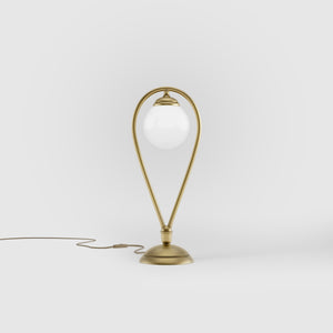 Art Deco table lamp in brass with glossy white glass sphere teardrop structure round base elegant design lighting decor by Ghidini 1849 - Finish: OBV Bronze Satin Light Brass