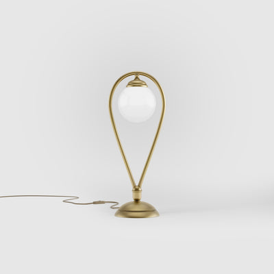 Art Deco table lamp in brass with glossy white glass sphere teardrop structure round base elegant design lighting decor by Ghidini 1849 - Finish: OBV Bronze Satin Light Brass