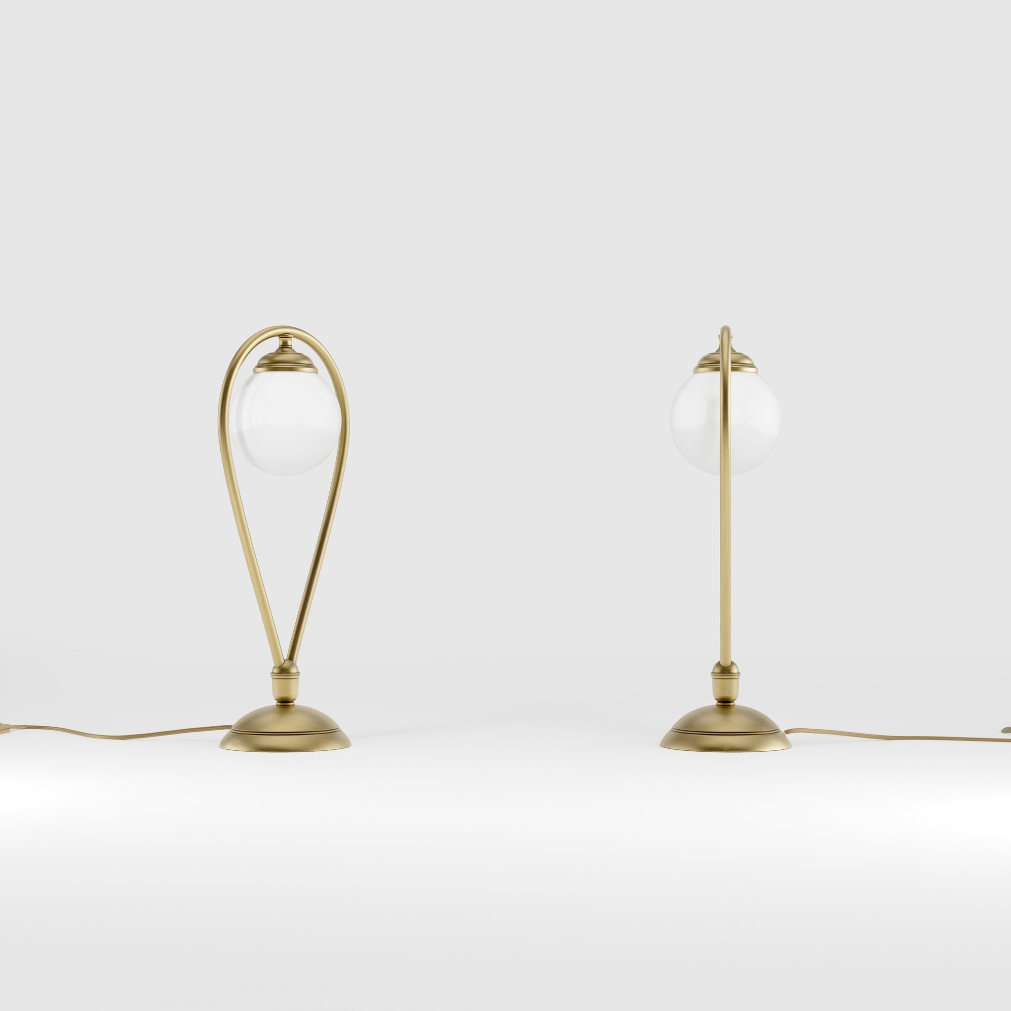 Art Deco table lamp in brass with glossy white glass sphere teardrop structure round base elegant design lighting decor by Ghidini 1849 - Finish: OBV Bronze Satin Light Brass