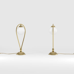 Art Deco table lamp in brass with glossy white glass sphere teardrop structure round base elegant design lighting decor by Ghidini 1849 - Finish: OBV Bronze Satin Light Brass