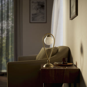 Art Deco table lamp in brass with glossy white glass sphere teardrop structure round base elegant design lighting decor by Ghidini 1849 - Finish: OBV Bronze Satin Light Brass