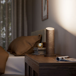 Brass table lamp with a sleek cylindrical shape and circular base, ideal for contemporary and elegant interiors by Ghidini 1849 - Finish: OAS Antique Brass