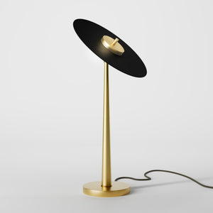 Table lamp with matte black vinyl-inspired shade, brass structure, and integrated LED. Elegant, adjustable, and unique design by Ghidini 1849 - Finish: OBV Bronze Satin Light Brass