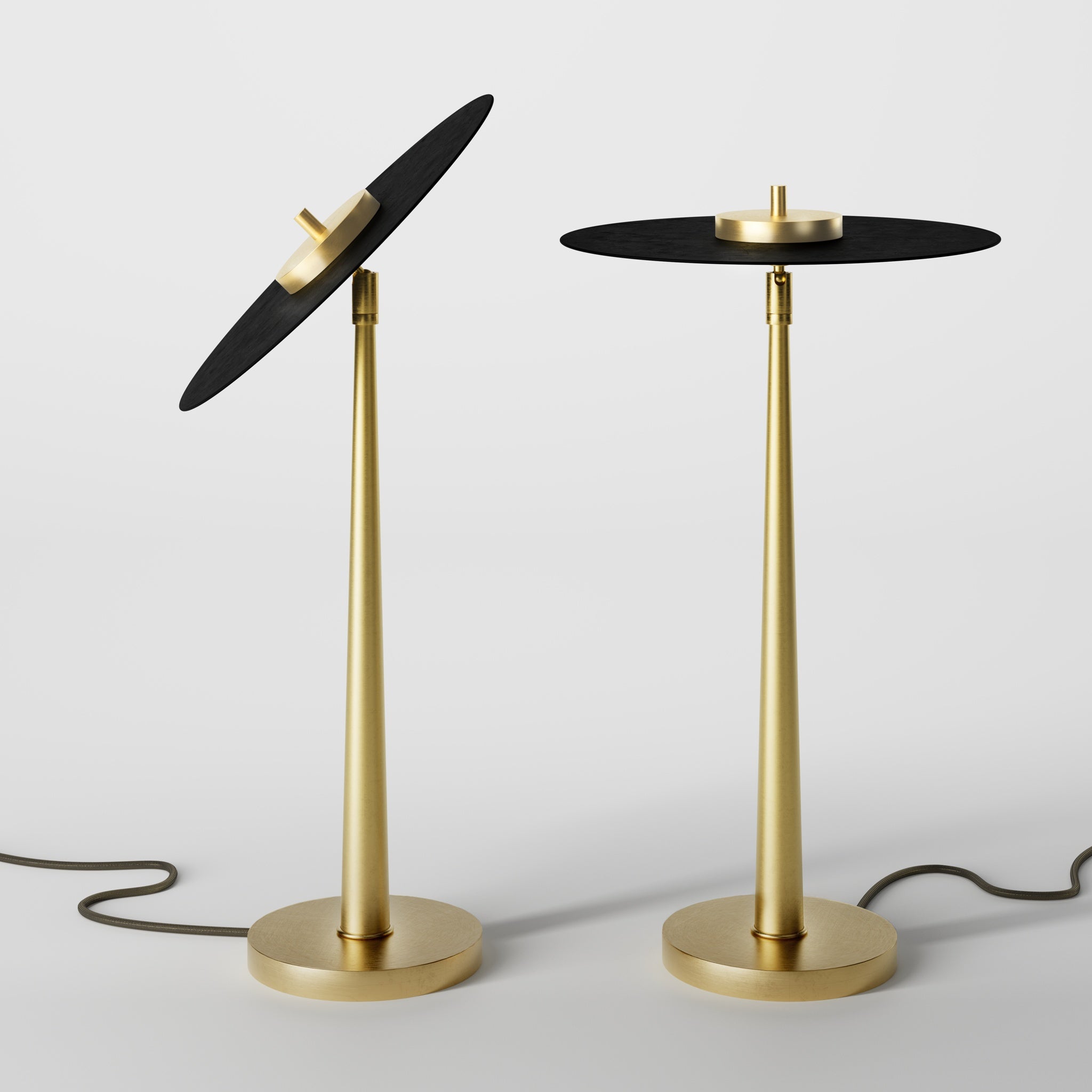 Table lamp with matte black vinyl-inspired shade, brass structure, and integrated LED. Elegant, adjustable, and unique design by Ghidini 1849 - Finish: OBV Bronze Satin Light Brass